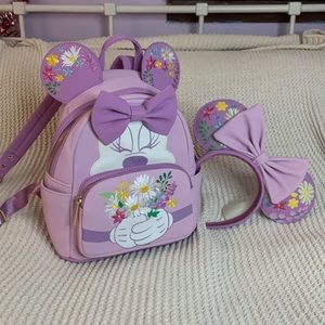 Floral Embroidered Lavender Minnie Disney Loungefly Backpack & Minnie Ears